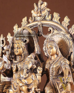 Pure Brass Lord Shiv Parvati with Ganesha Idol and Prabhavali 10.7 inch