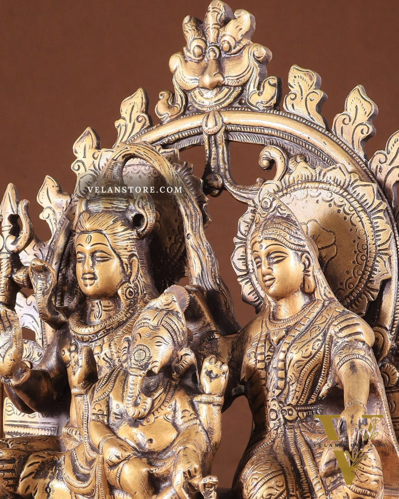 Pure Brass Lord Shiv Parvati with Ganesha Idol and Prabhavali 10.7 inch