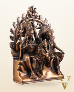 Pure Brass Lord Shiv Parvati with Ganesha Idol and Prabhavali 10.7 inch antique tone