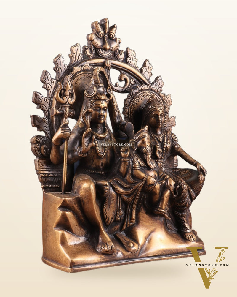 Pure Brass Lord Shiv Parvati with Ganesha Idol and Prabhavali 10.7 inch antique tone
