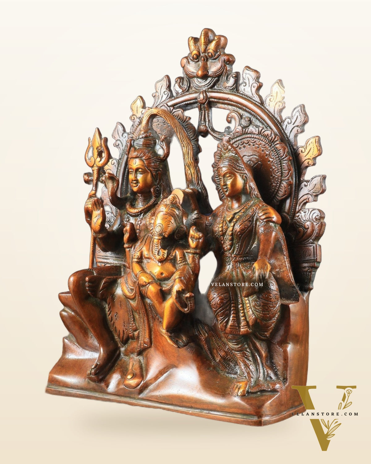 Pure Brass Lord Shiv Parvati with Ganesha Idol and Prabhavali 10.7 inch brown gold
