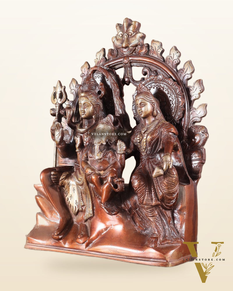 Pure Brass Lord Shiv Parvati with Ganesha Idol and Prabhavali 10.7 inch double chola