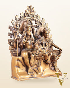 Pure Brass Lord Shiv Parvati with Ganesha Idol and Prabhavali 10.7 inch
