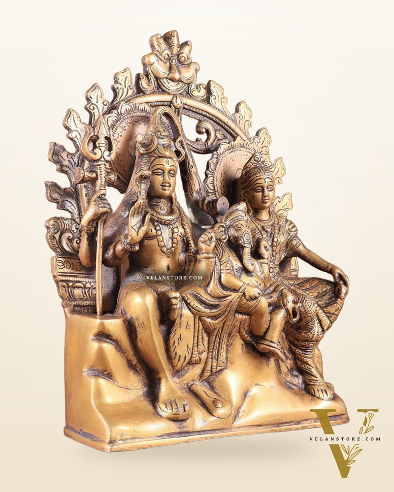 Pure Brass Lord Shiv Parvati with Ganesha Idol and Prabhavali 10.7 inch