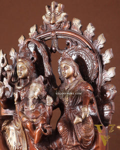 Pure Brass Lord Shiv Parvati with Ganesha Idol and Prabhavali 10.7 inch double chola