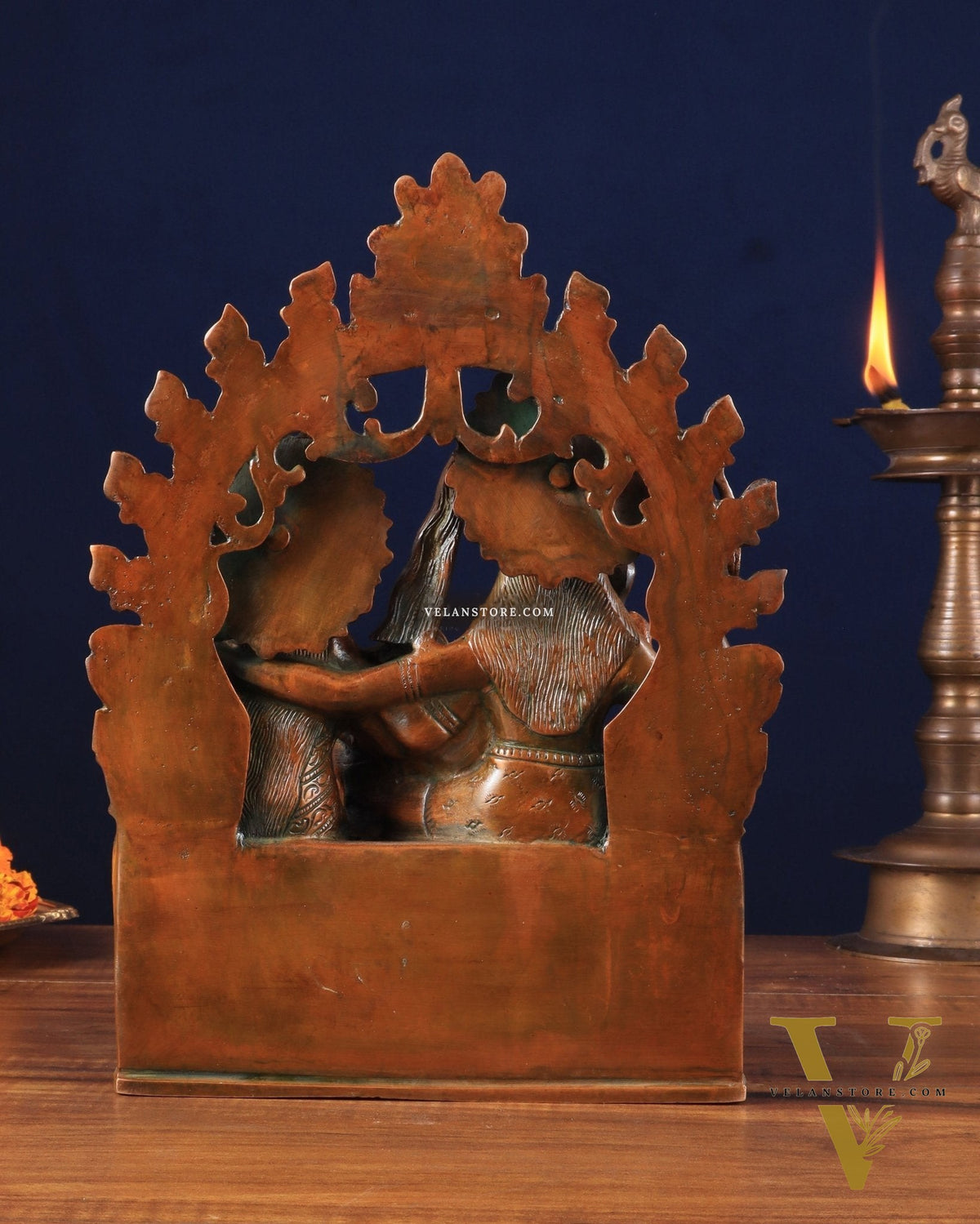 Pure Brass Lord Shiv Parvati with Ganesha Idol and Prabhavali 10.7 inch brown gold