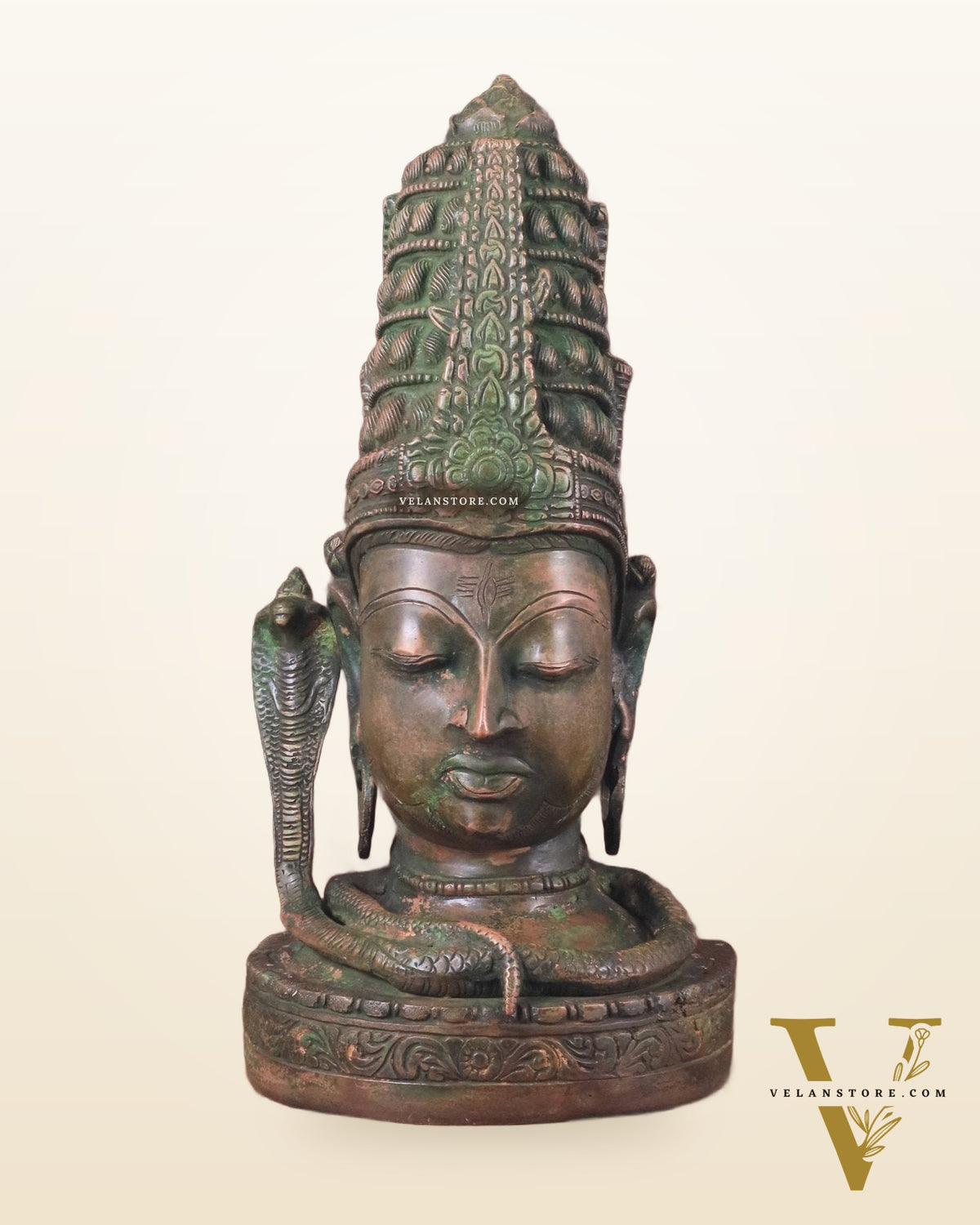 Pure Brass Lord Shiva Face Bust - Antique Green Patina 12"