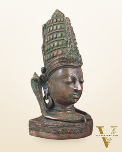 Pure Brass Lord Shiva Face Bust - Antique Green Patina 12"