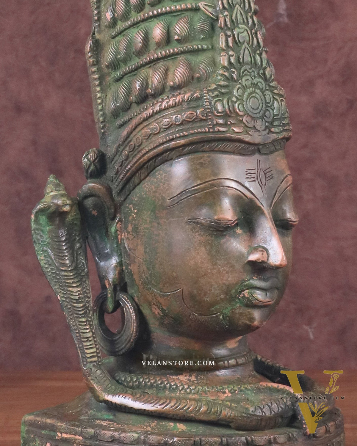 Pure Brass Lord Shiva Face Bust - Antique Green Patina 12"