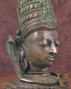 Pure Brass Lord Shiva Face Bust - Antique Green Patina 12"