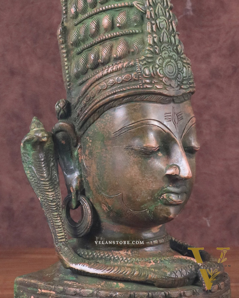 Pure Brass Lord Shiva Face Bust - Antique Green Patina 12"