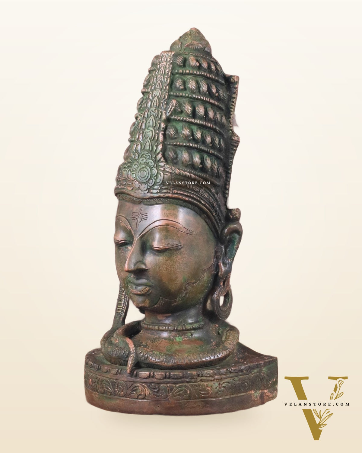 Pure Brass Lord Shiva Face Bust - Antique Green Patina 12"
