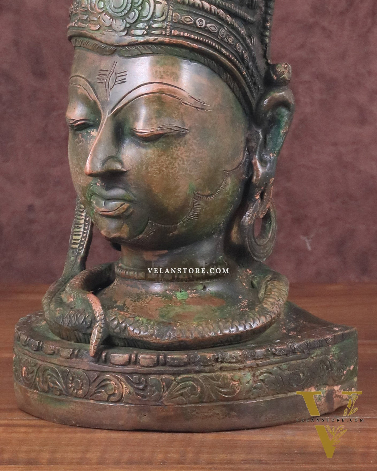 Pure Brass Lord Shiva Face Bust - Antique Green Patina 12"