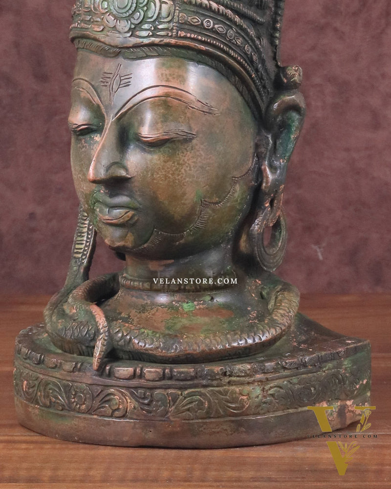 Pure Brass Lord Shiva Face Bust - Antique Green Patina 12"