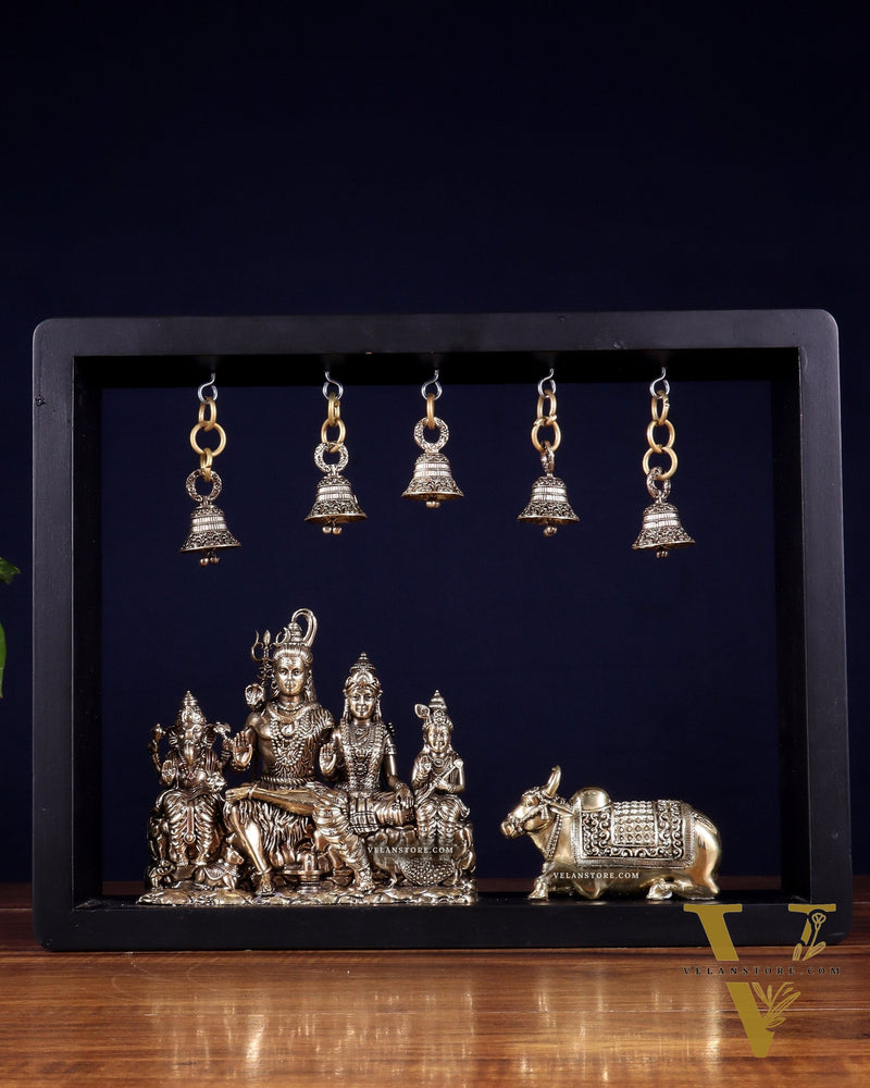 Pure Brass Lord Shiva Parivar with Nandi & Hanging Bells on MDF Frame – 11 Inch