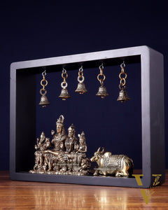 Pure Brass Lord Shiva Parivar with Nandi & Hanging Bells on MDF Frame – 11 Inch