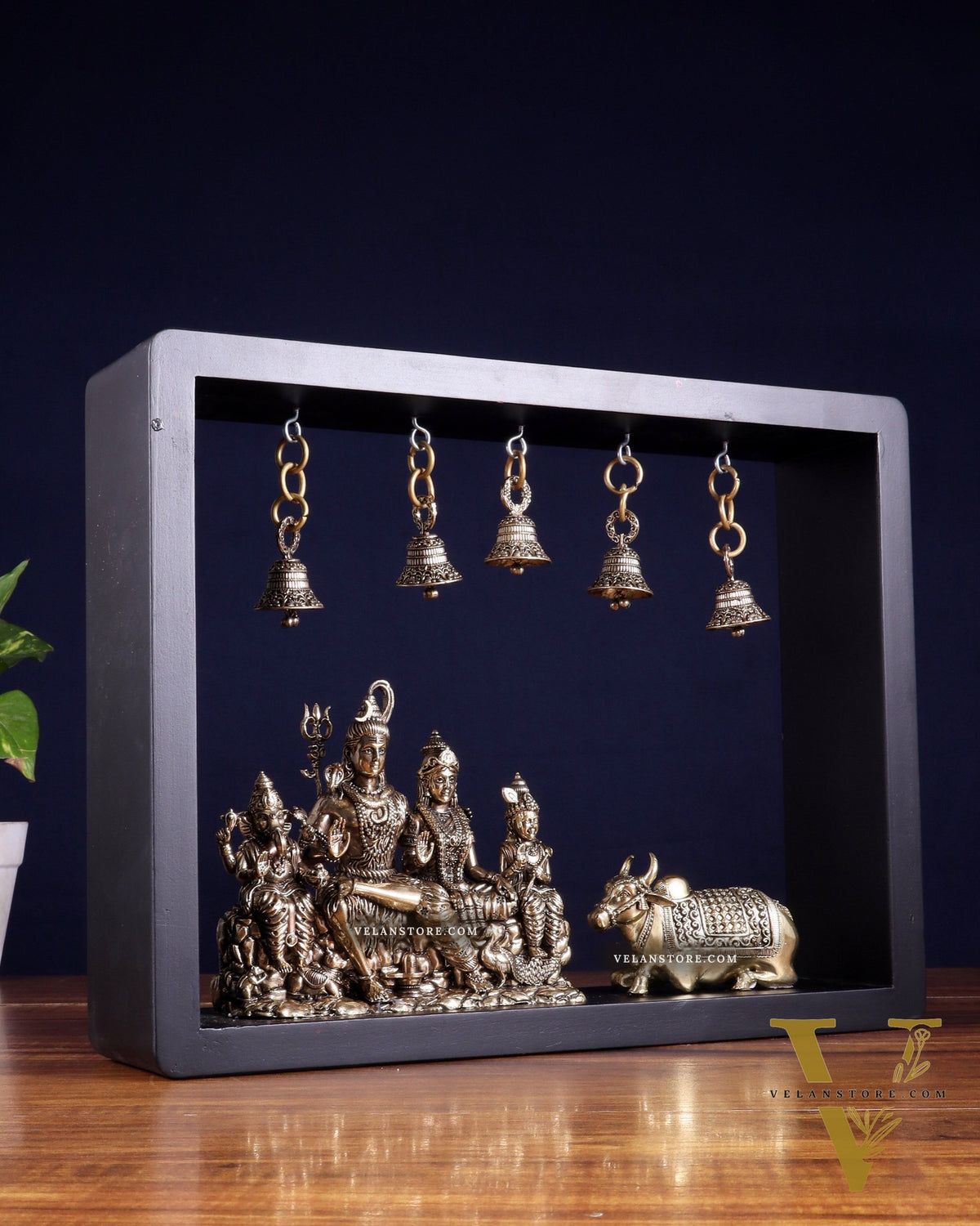Pure Brass Lord Shiva Parivar with Nandi & Hanging Bells on MDF Frame – 11 Inch