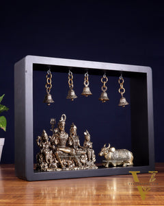 Pure Brass Lord Shiva Parivar with Nandi & Hanging Bells on MDF Frame – 11 Inch