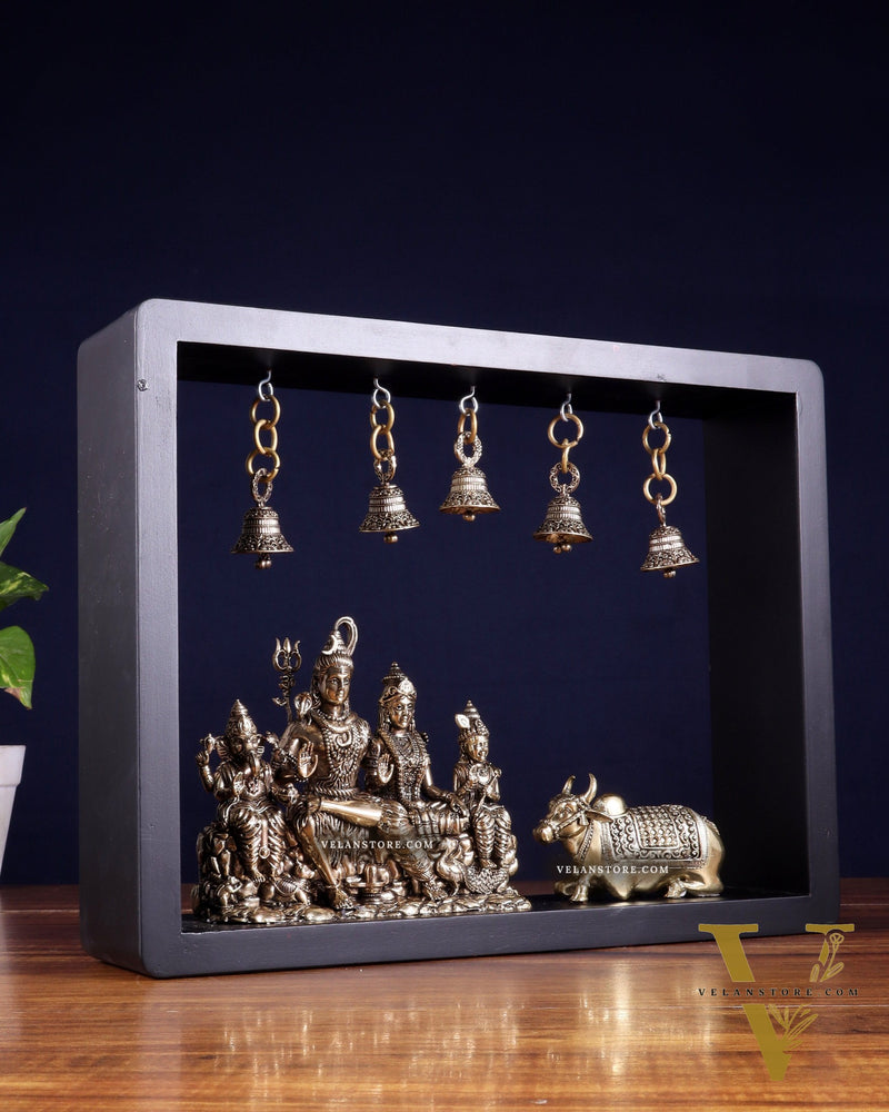 Pure Brass Lord Shiva Parivar with Nandi & Hanging Bells on MDF Frame – 11 Inch