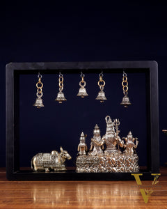 Pure Brass Lord Shiva Parivar with Nandi & Hanging Bells on MDF Frame – 11 Inch