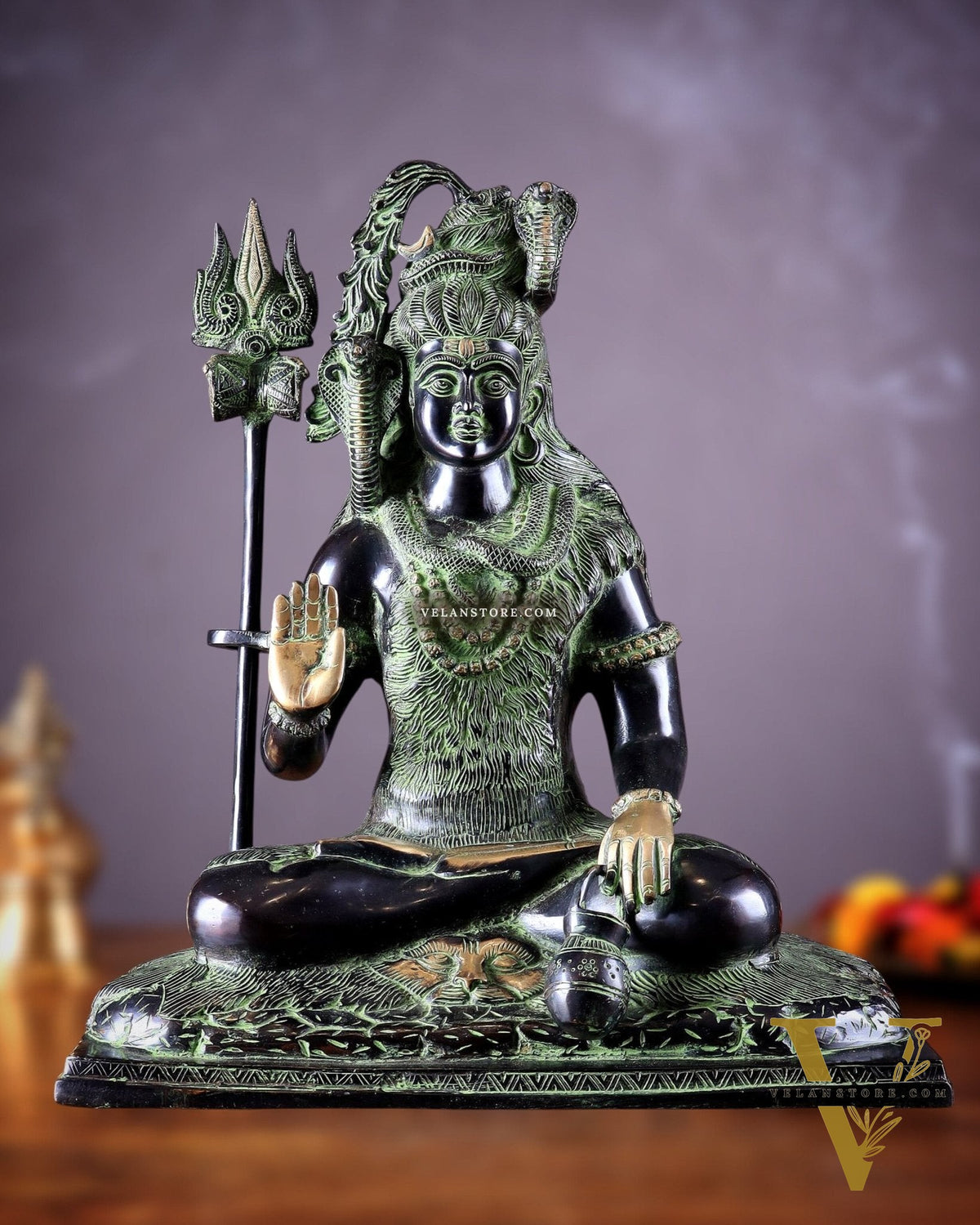 Pure Brass Lord Shiva Smiling Idol with Open Eyes 15" black green