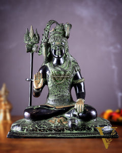 Pure Brass Lord Shiva Smiling Idol with Open Eyes 15" black green