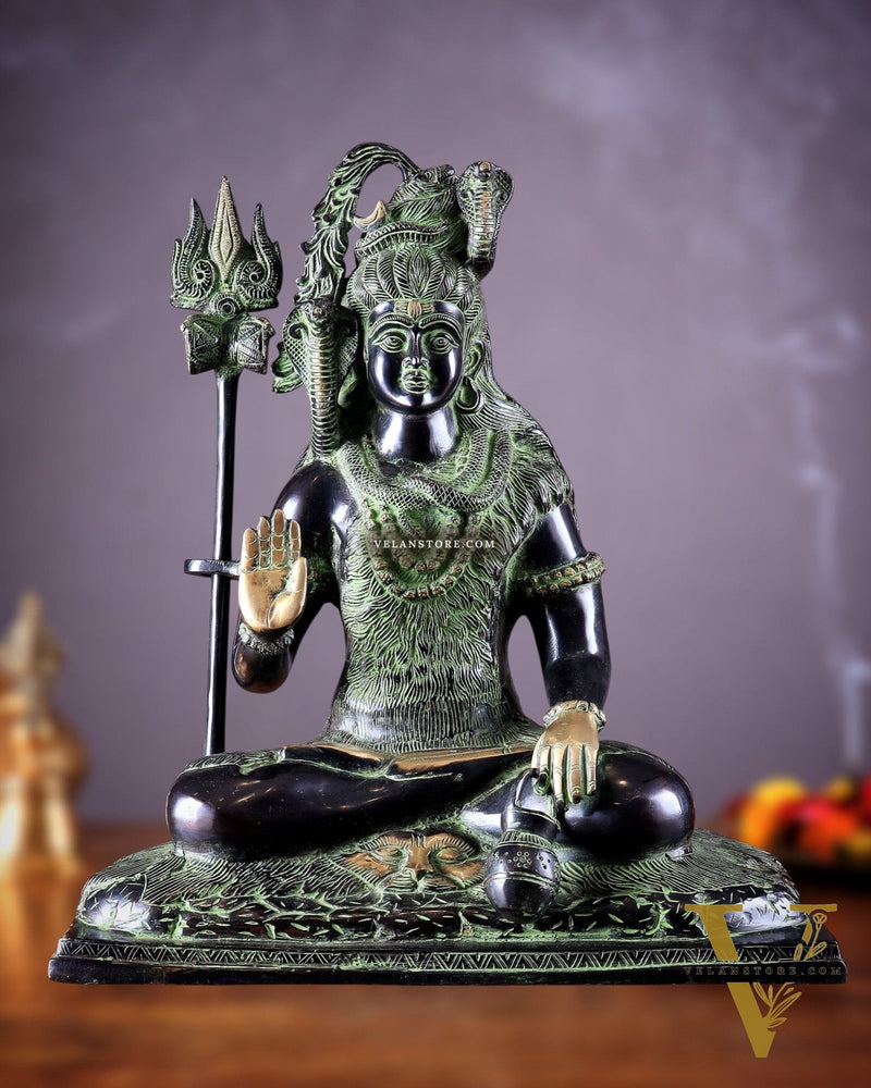Pure Brass Lord Shiva Smiling Idol with Open Eyes 15" black green