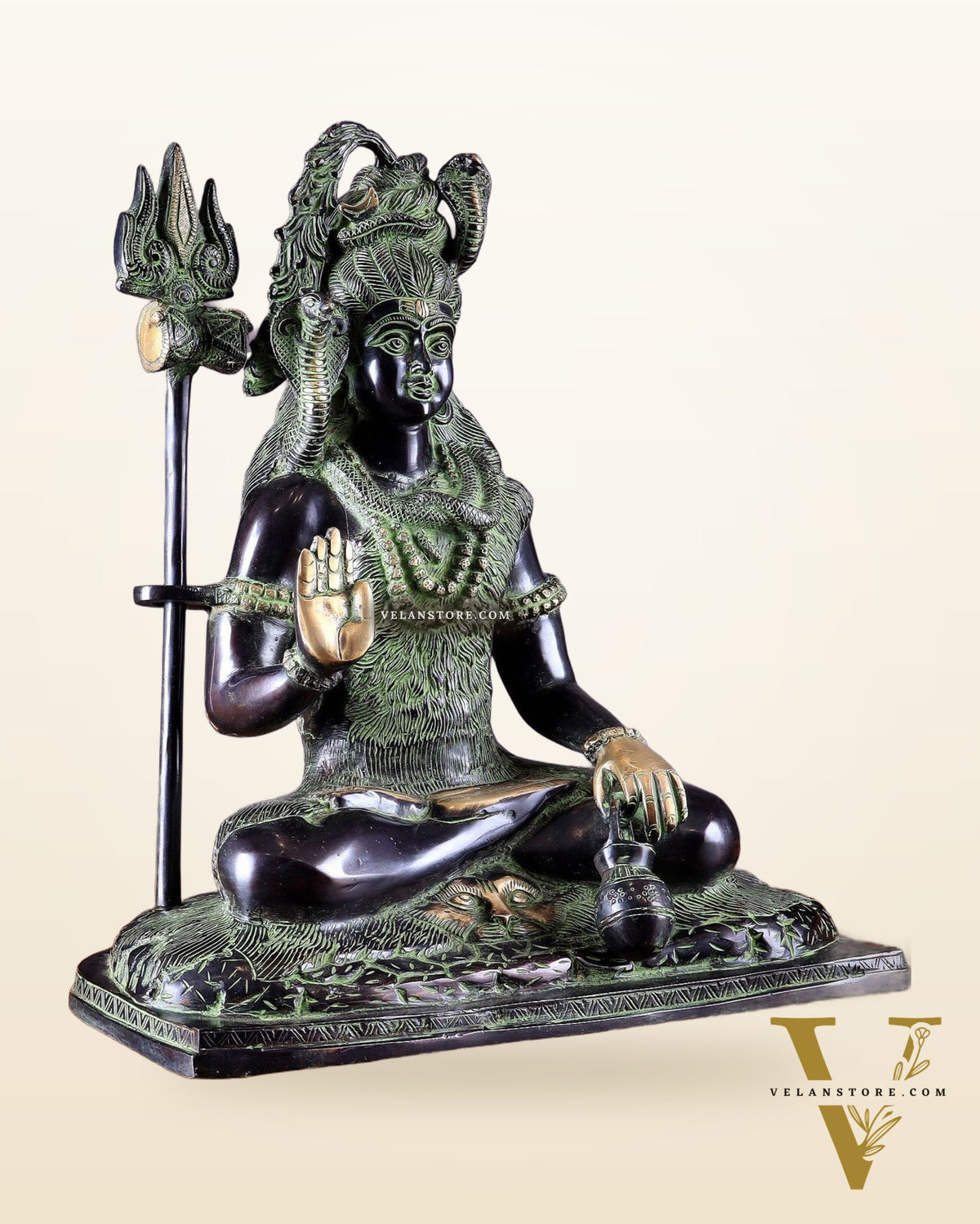 Pure Brass Lord Shiva Smiling Idol with Open Eyes 15" black green