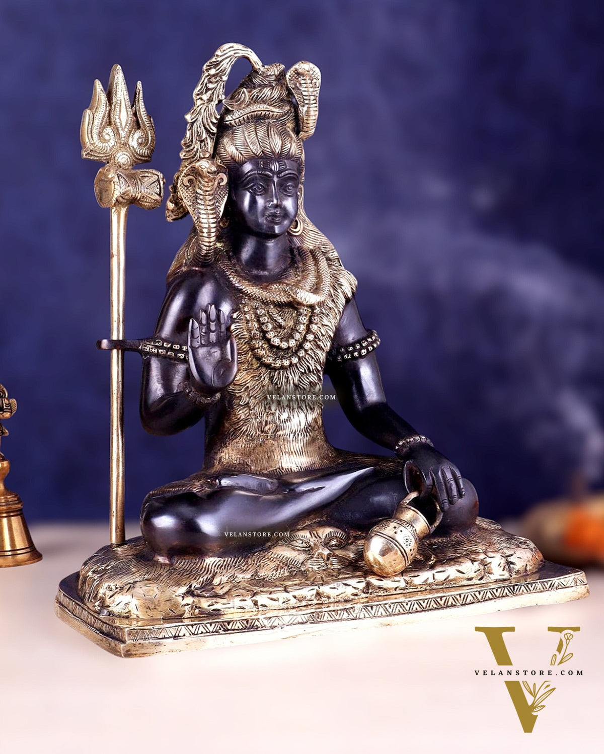 Pure Brass Lord Shiva Smiling Idol with Open Eyes 15" black gold