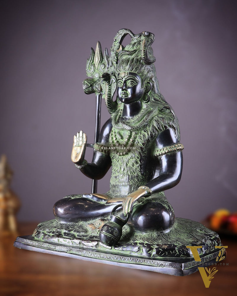 Pure Brass Lord Shiva Smiling Idol with Open Eyes 15" black green