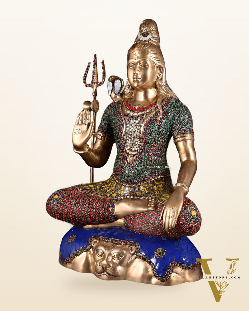 Pure Brass Lord Shiva Statue - 23" stonework