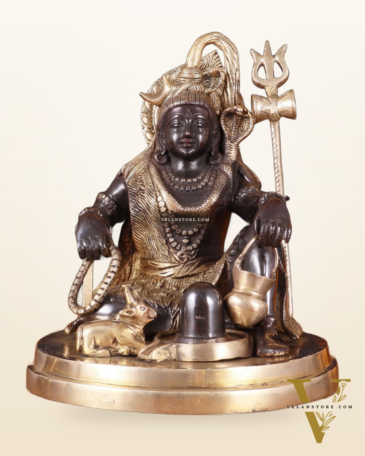 Pure Brass Lord Shiva with Nandi & Shiv Ling Statue – Black Finish, 10 Inch