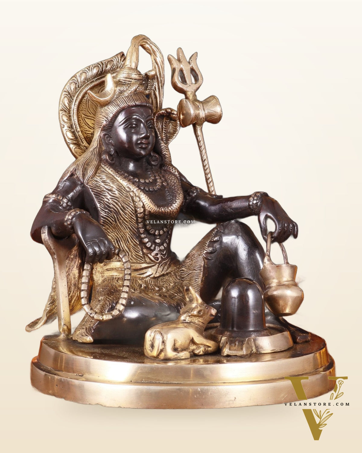 Pure Brass Lord Shiva with Nandi & Shiv Ling Statue – Black Finish, 10 Inch