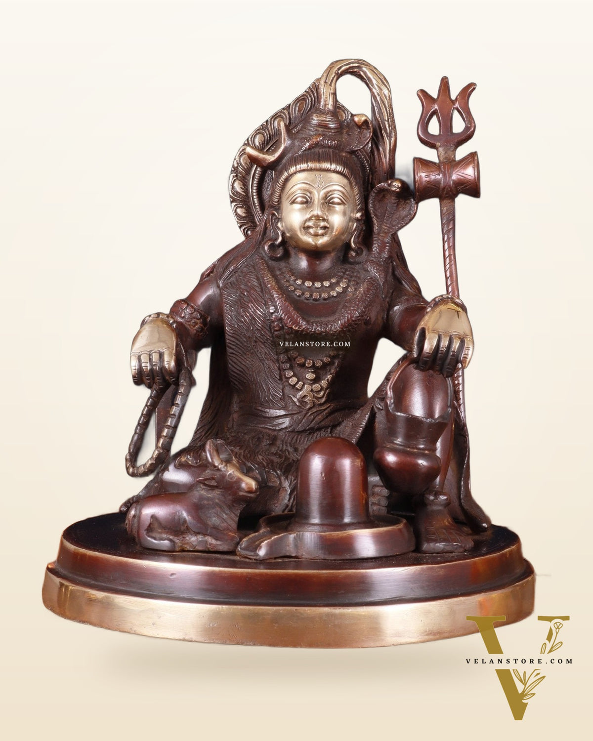 Pure Brass Lord Shiva with Nandi & Shiv Ling Statue – Brown Gold Finish, 10 Inch