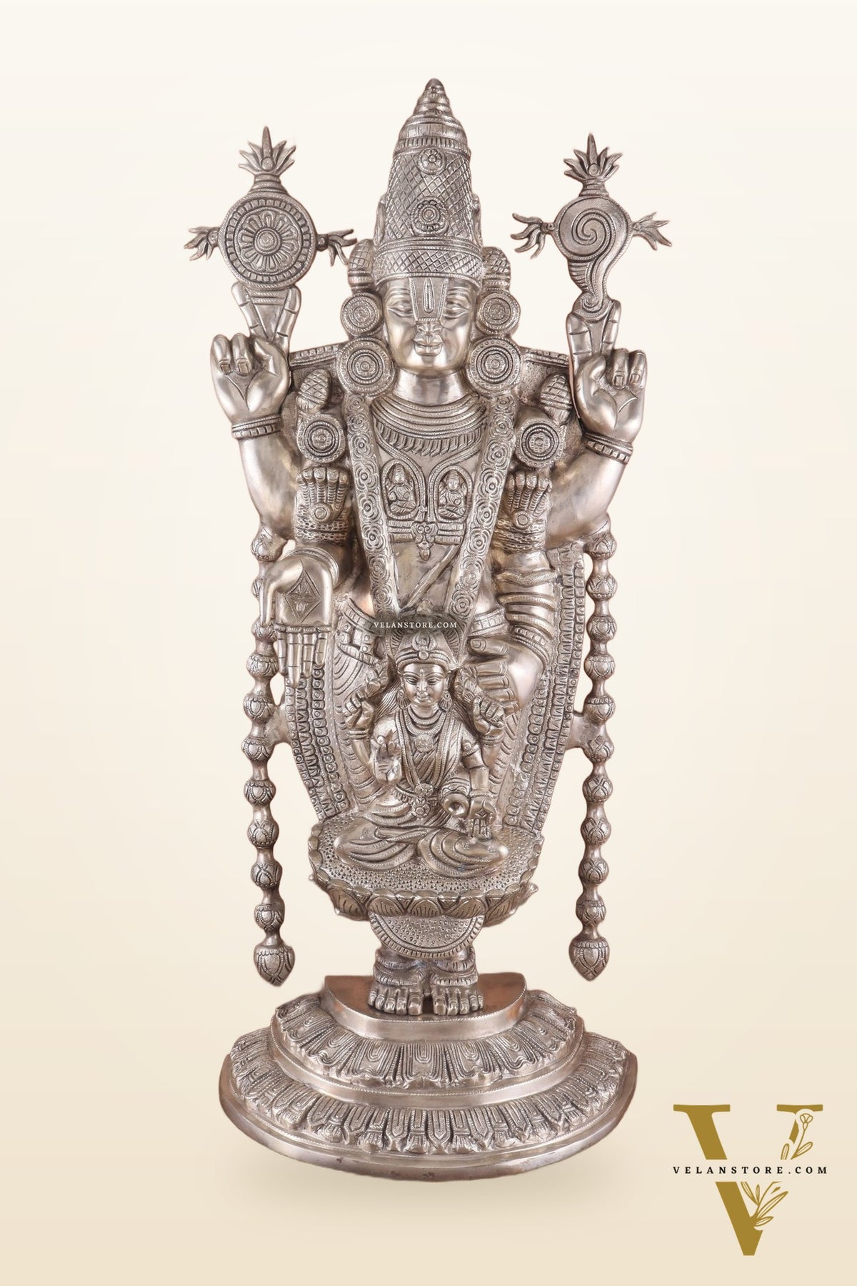 Pure Brass Lord Tirupati Balaji silver plated Statue with Goddess Padmavathi Engraved - 34.5 Inch