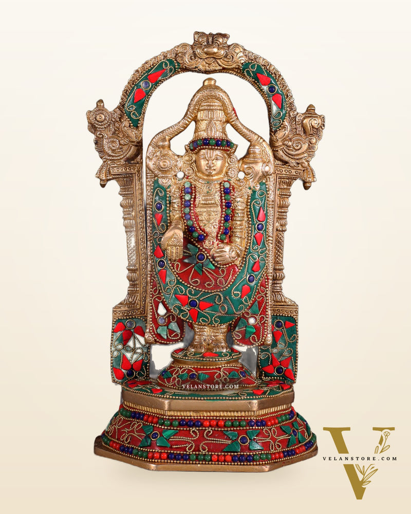Pure Brass Lord Tirupati Balaji Statue | Height: 12 inch floral stonework