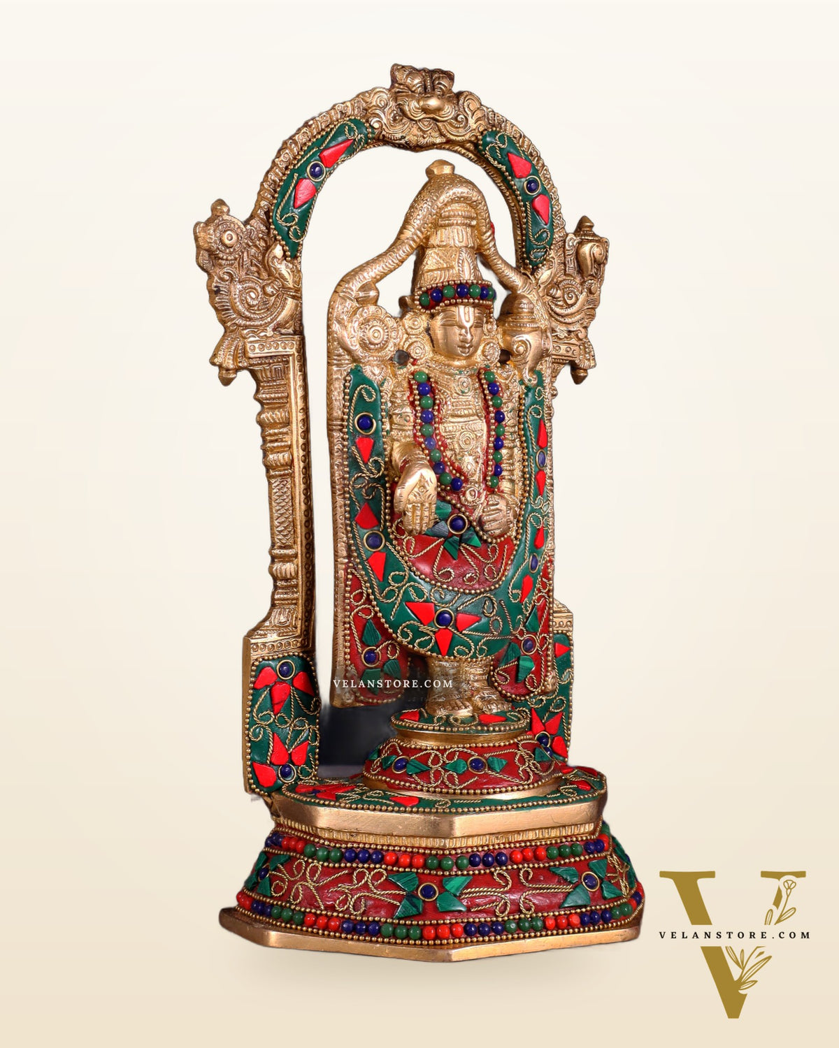 Pure Brass Lord Tirupati Balaji Statue | Height: 12 inch floral stonework