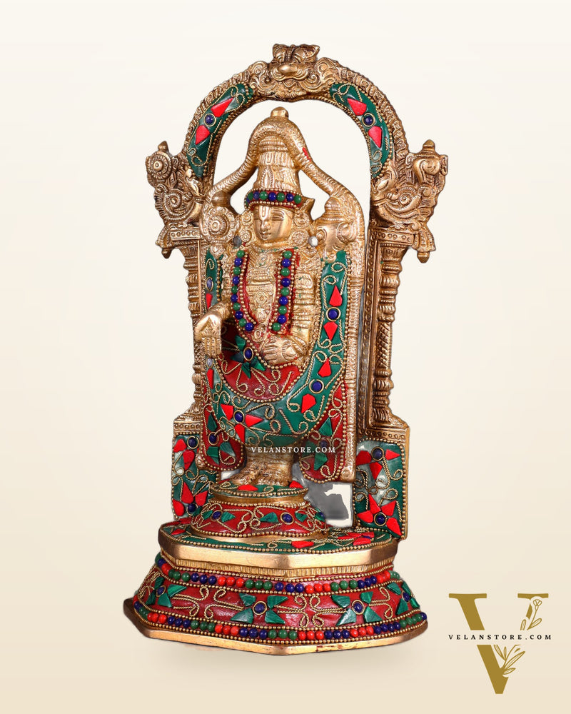 Pure Brass Lord Tirupati Balaji Statue | Height: 12 inch floral stonework