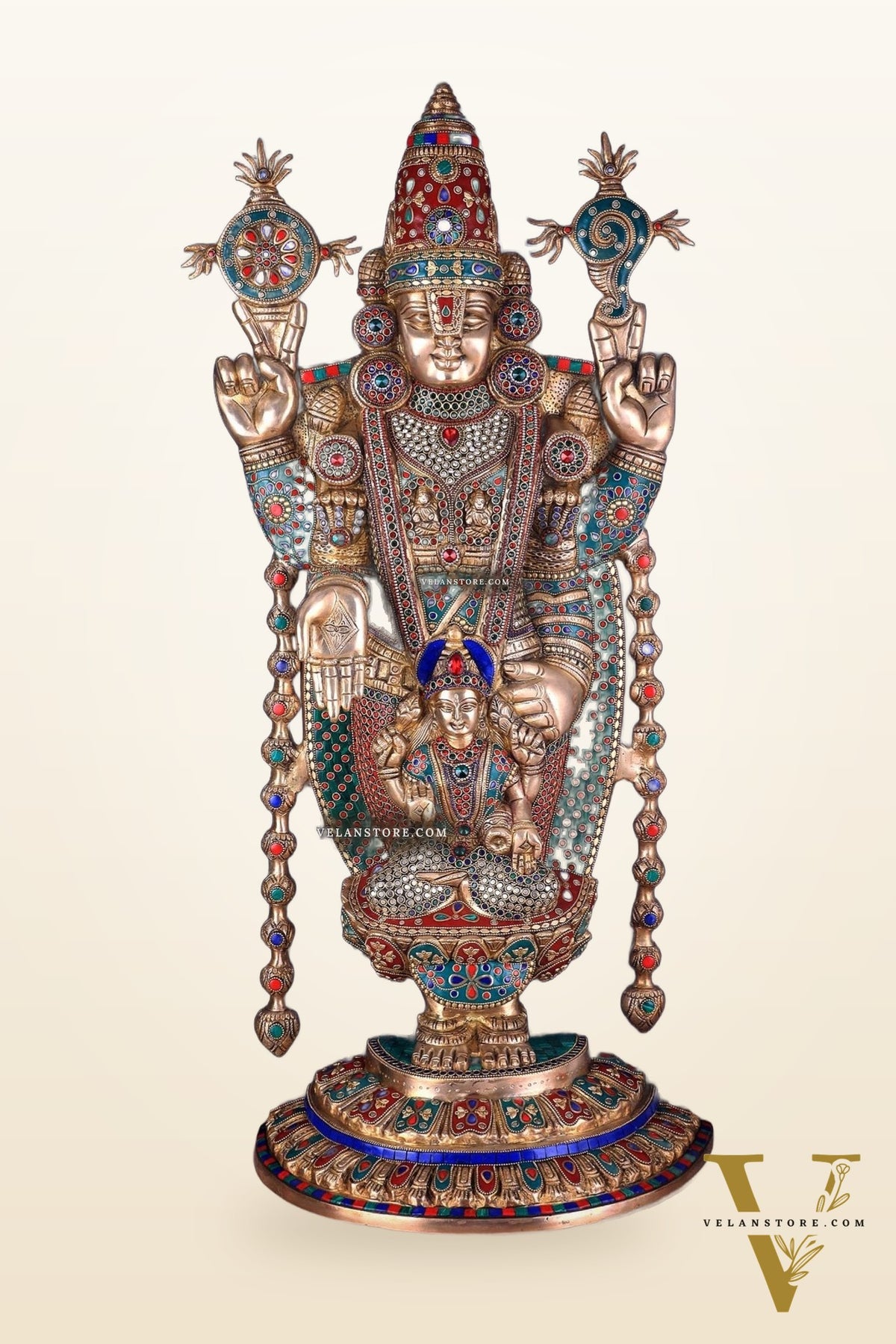 Pure Brass Lord Tirupati Balaji Statue with Goddess Padmavathi Engraved - 34.5 Inch meenakari