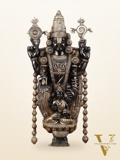 Pure Brass Lord Tirupati Balaji Statue with Goddess Padmavathi Engraved - 34.5 Inch