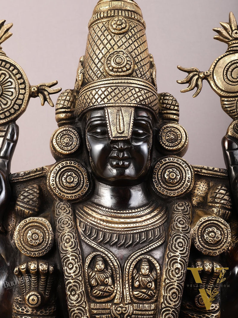 Pure Brass Lord Tirupati Balaji Statue with Goddess Padmavathi Engraved - 34.5 Inch