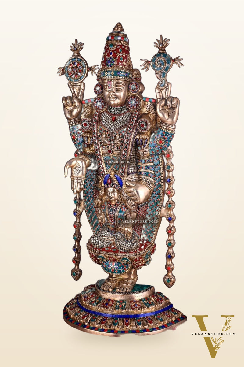 Pure Brass Lord Tirupati Balaji Statue with Goddess Padmavathi Engraved - 34.5 Inch meenakari