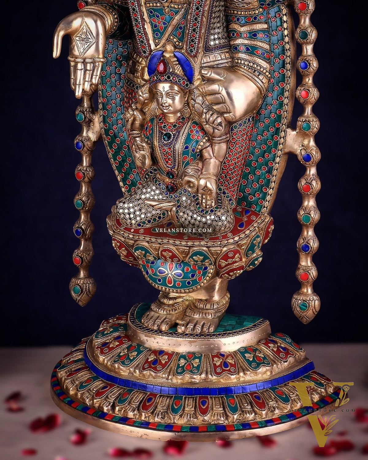 Pure Brass Lord Tirupati Balaji Statue with Goddess Padmavathi Engraved - 34.5 Inch meenakari