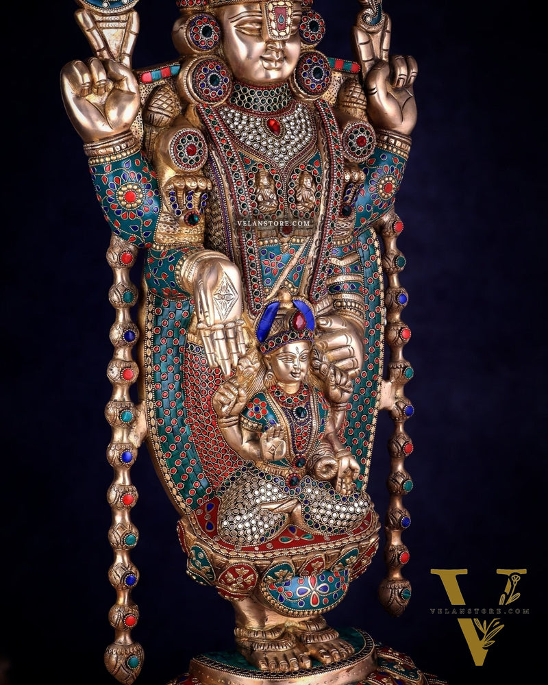 Pure Brass Lord Tirupati Balaji Statue with Goddess Padmavathi Engraved - 34.5 Inch meenakari