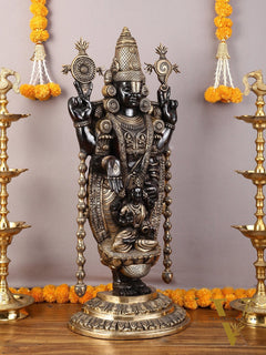 Pure Brass Lord Tirupati Balaji Statue with Goddess Padmavathi Engraved - 34.5 Inch