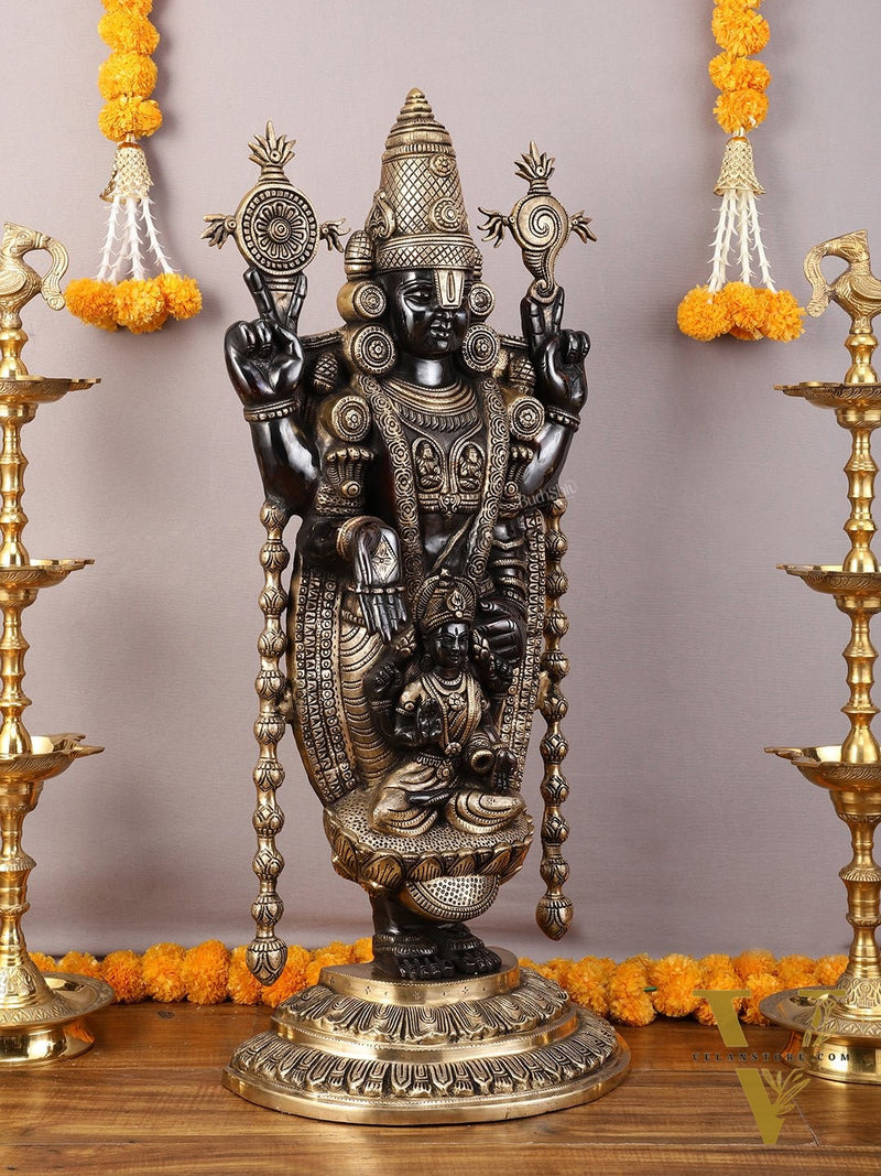 Pure Brass Lord Tirupati Balaji Statue with Goddess Padmavathi Engraved - 34.5 Inch