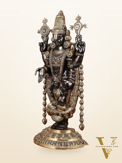 Pure Brass Lord Tirupati Balaji Statue with Goddess Padmavathi Engraved - 34.5 Inch