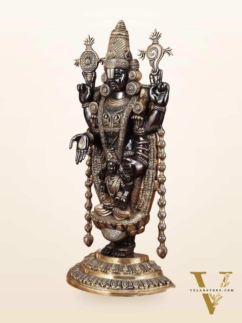 Pure Brass Lord Tirupati Balaji Statue with Goddess Padmavathi Engraved - 34.5 Inch