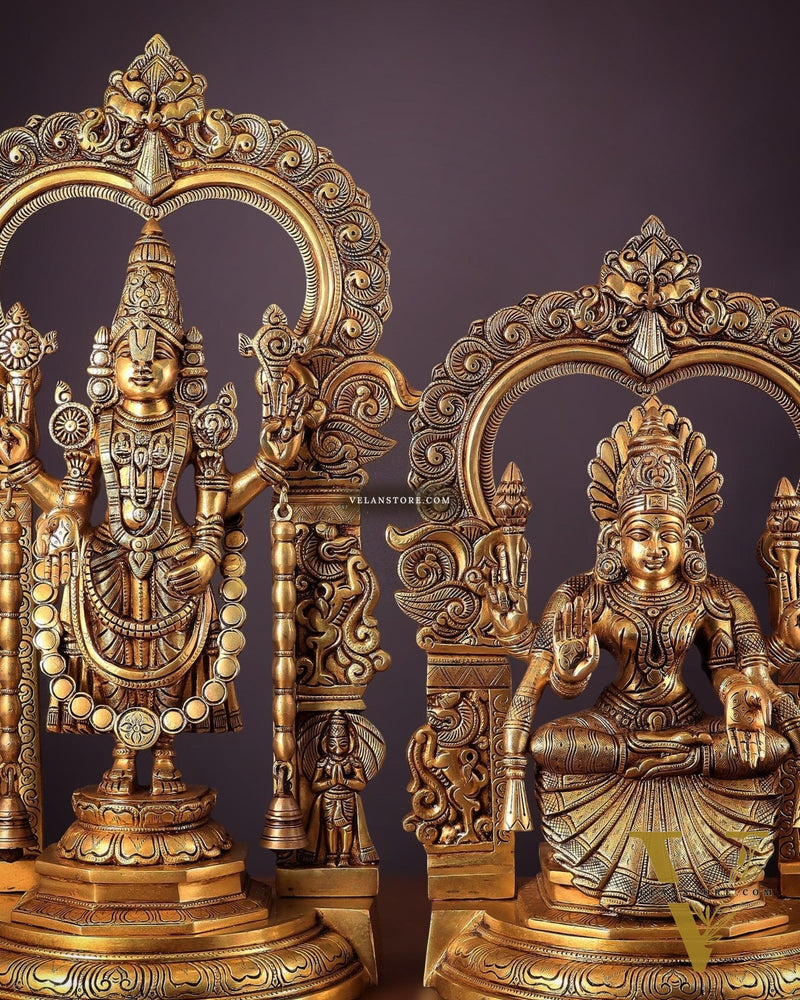 Pure Brass Lord Tirupati Balaji Venkateshwara Swamy with Goddess Padmavathi Thayar Idol Set - 22"