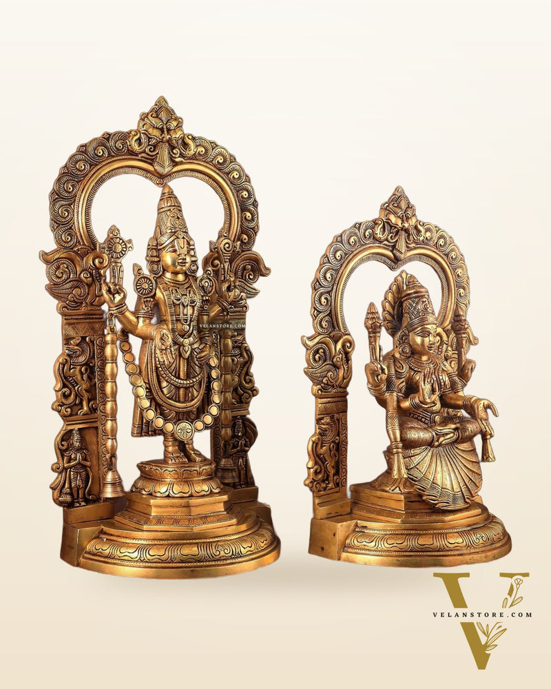 Pure Brass Lord Tirupati Balaji Venkateshwara Swamy with Goddess Padmavathi Thayar Idol Set - 22"